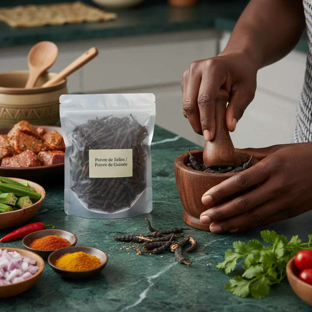 Poivre Selim Africain utilisé dans un mortier, épice traditionnelle idéale pour assaisonner les plats africains avec intensité et authenticité.